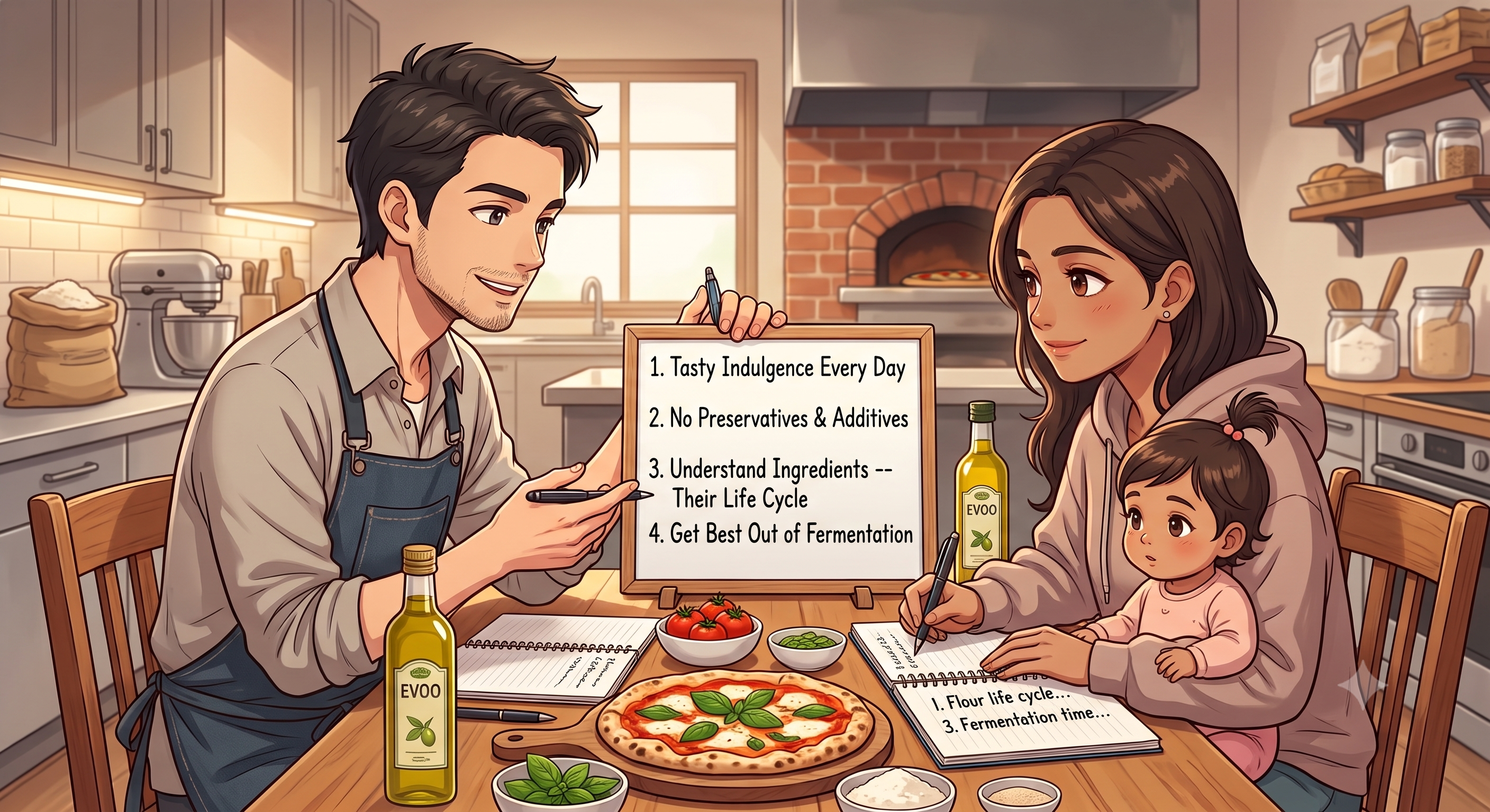 Shweta and Ajay studying ingredients and planning BrickHouse Pizza together