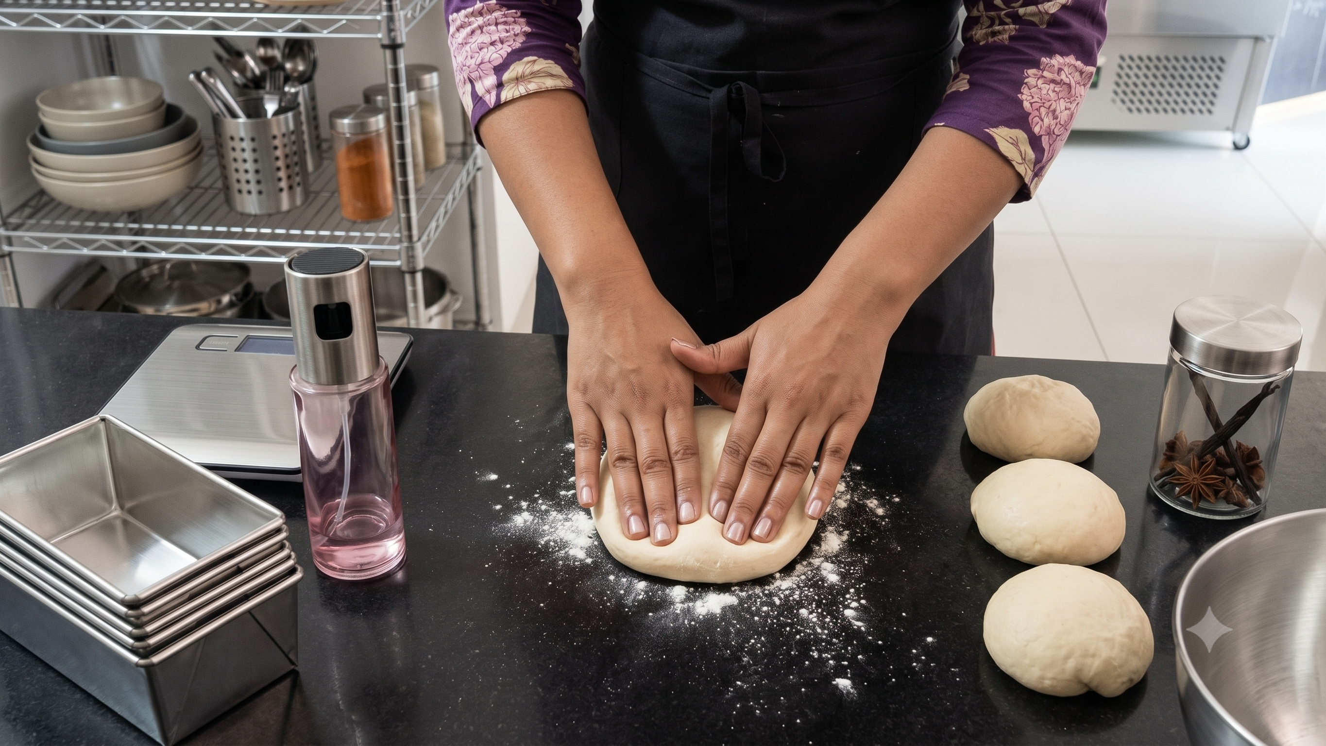 Shweta shaping pizza dough by hand in her kitchen