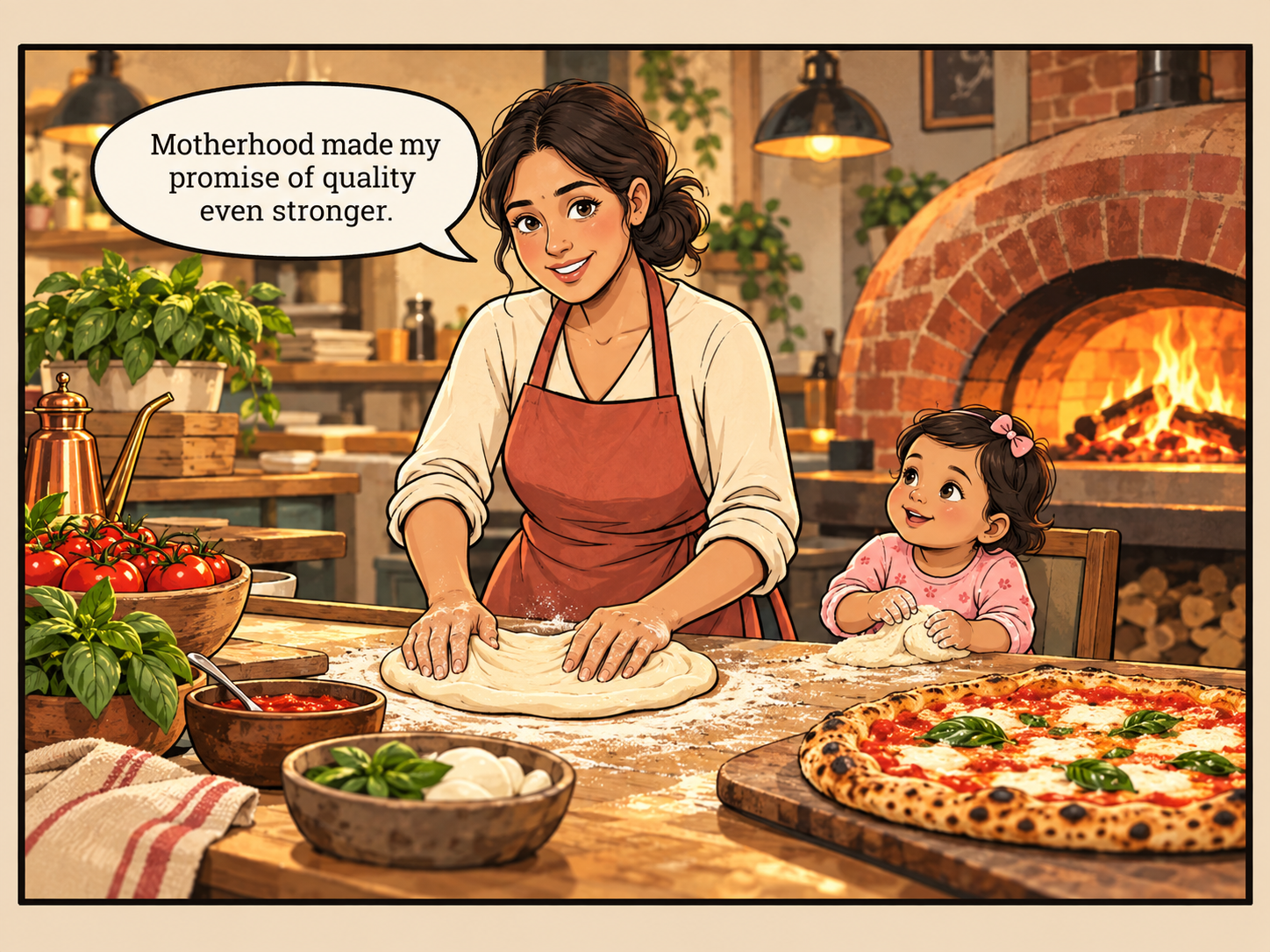 Shweta shaping pizza dough with her child beside a glowing brick oven