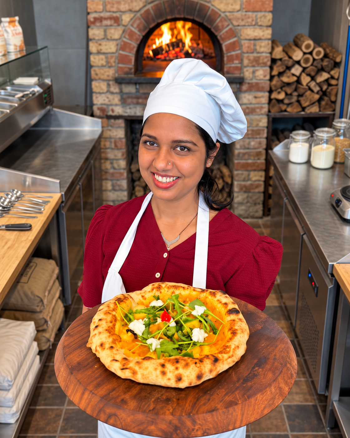 Shweta presenting a freshly baked pizza in front of the BrickHouse brick oven
