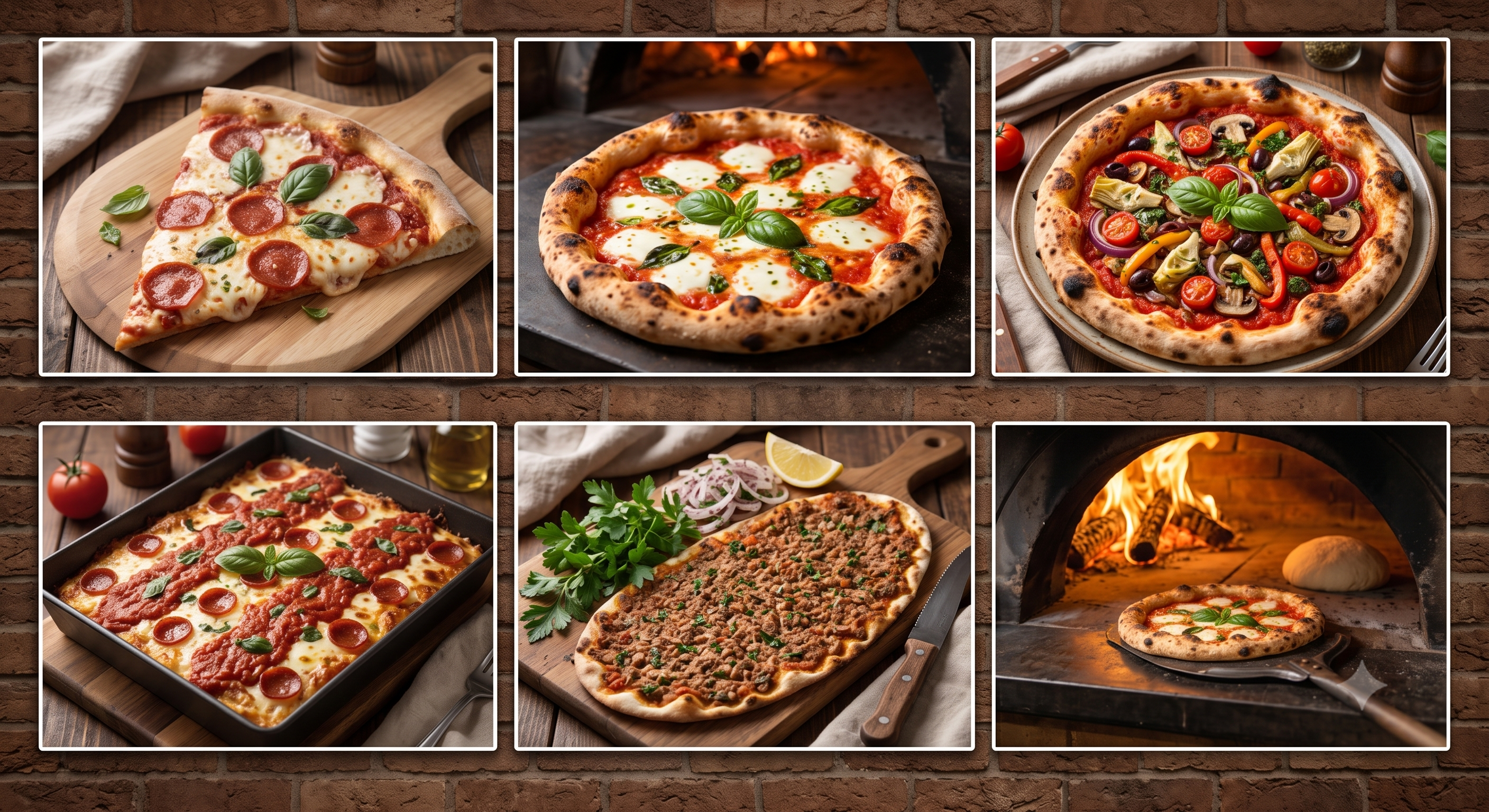 A collage showing different pizza styles, toppings and a brick-oven bake